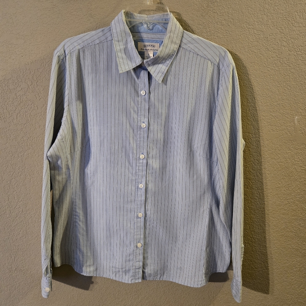 Riders Womens Blue & White Striped Button Up Shirt Size Large 100% Cotton